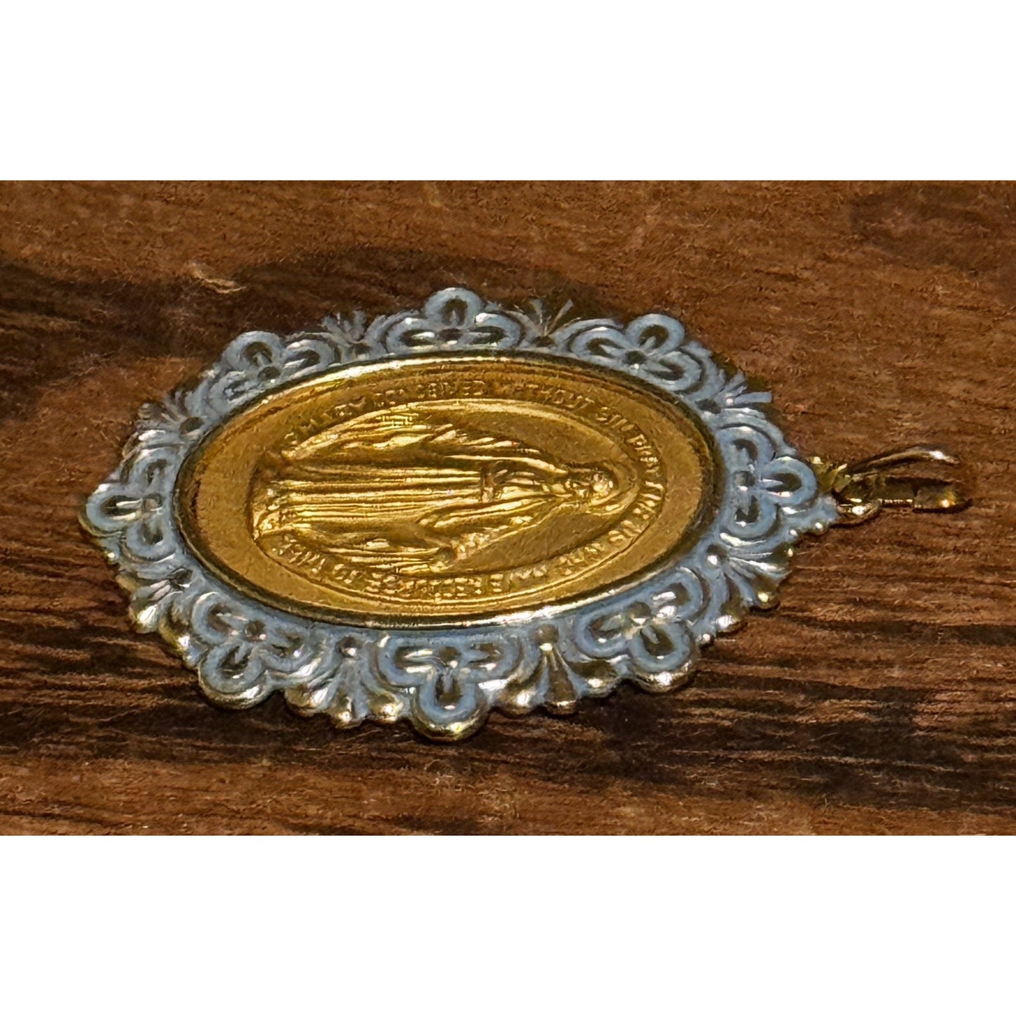 Vintage Germany Miraculous Medal Virgin Mary Gold Tone Blue Enamel Pendant