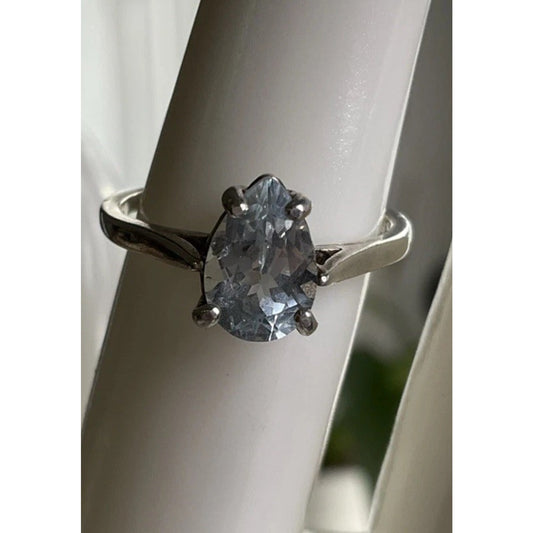 Minimalist Sterling Silver Blue Topaz Pear Shape Solitaire Ring 925 Size 6.5
