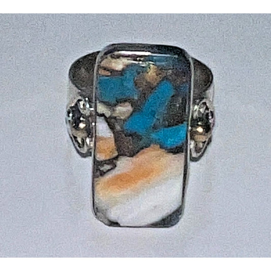 Vintage Sterling Silver Mosaic Inlay Turquoise Statement Ring Orange Spiny Coral