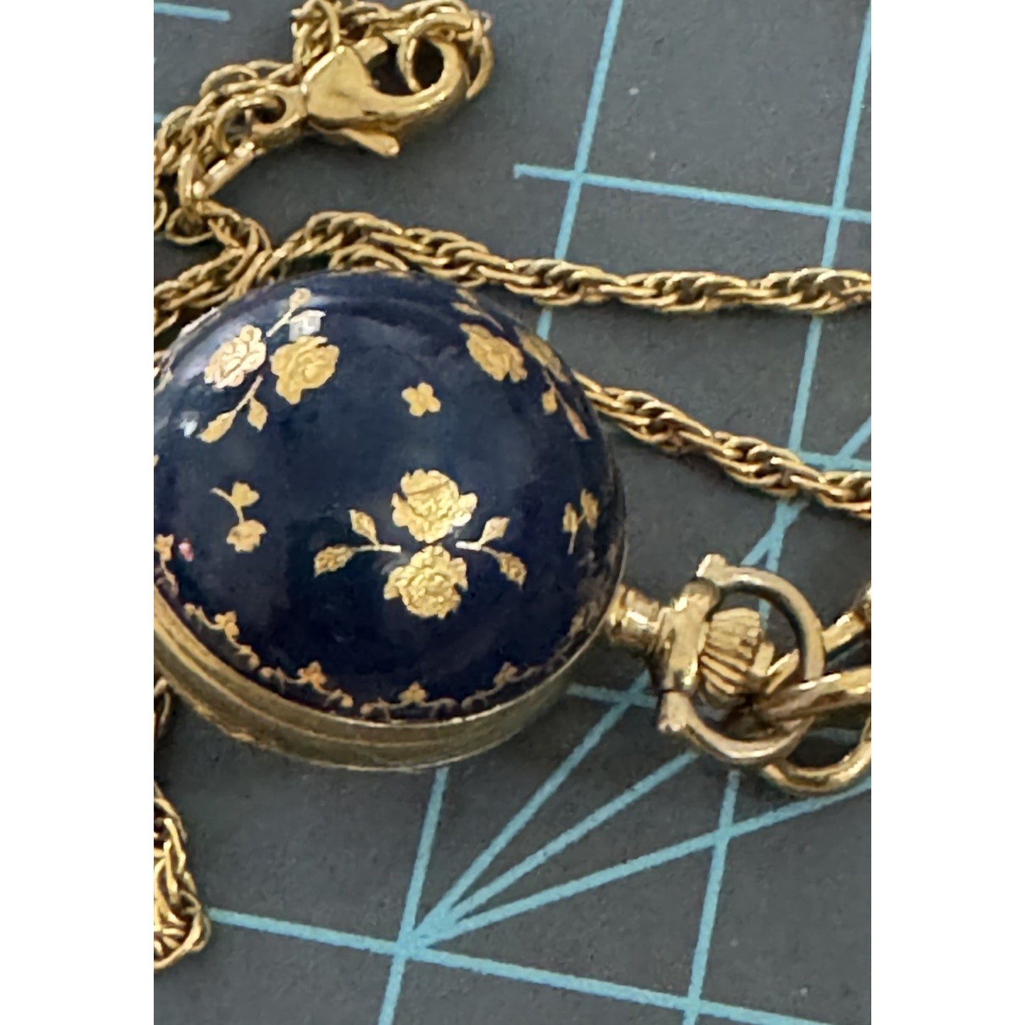Vintage Bucherer Swiss Pendant Watch Gold Tone Necklace Blue Enamel Floral 28”
