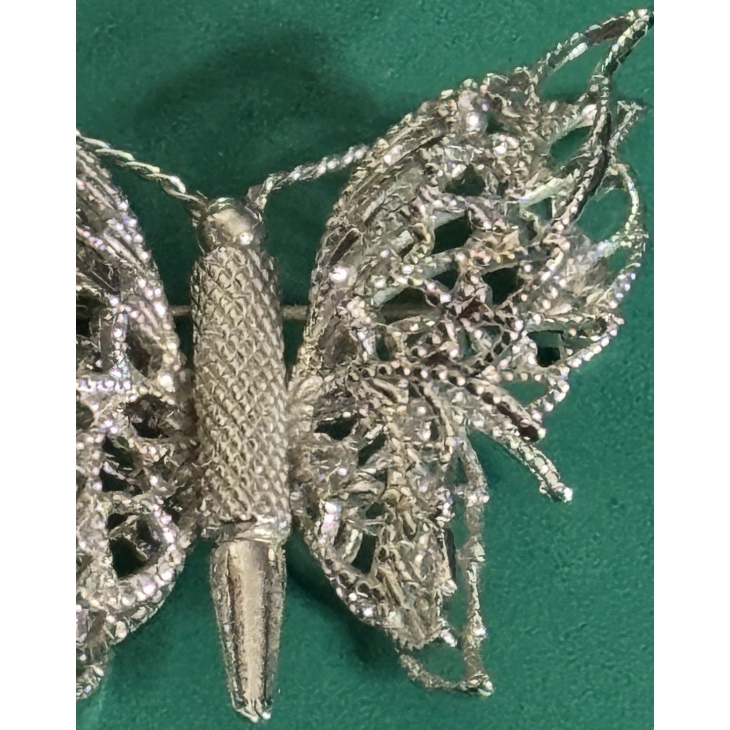 Vintage Monet Butterfly Brooch Silver Tone Filigree Insect Pin Signed 1970s