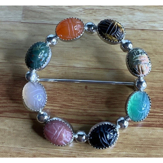 Vintage Sterling Silver Scarab Brooch Multi Gemstone Egyptian Revival Circle Pin