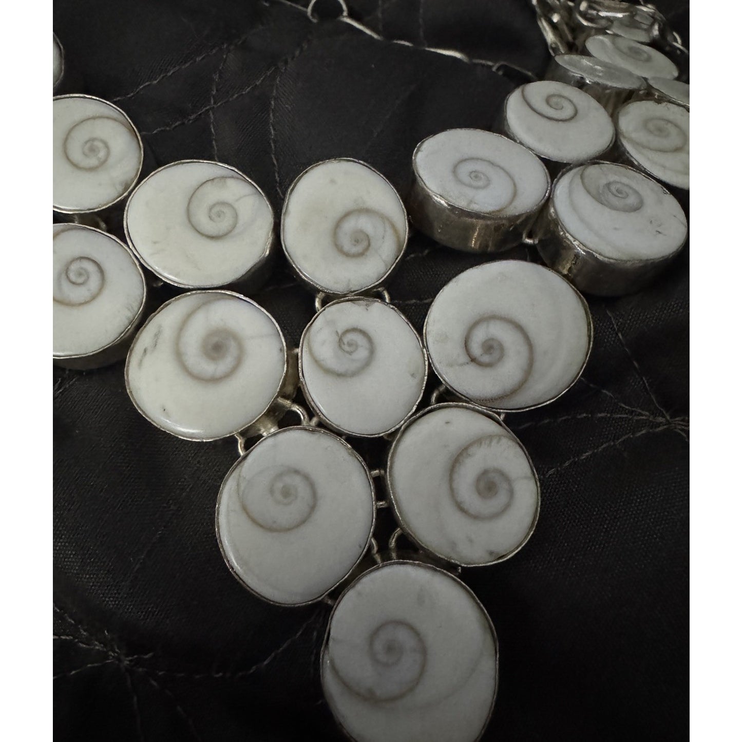 Vintage White Shiva Eye Shell Bib Statement Necklace Sterling Silver Boho 23”