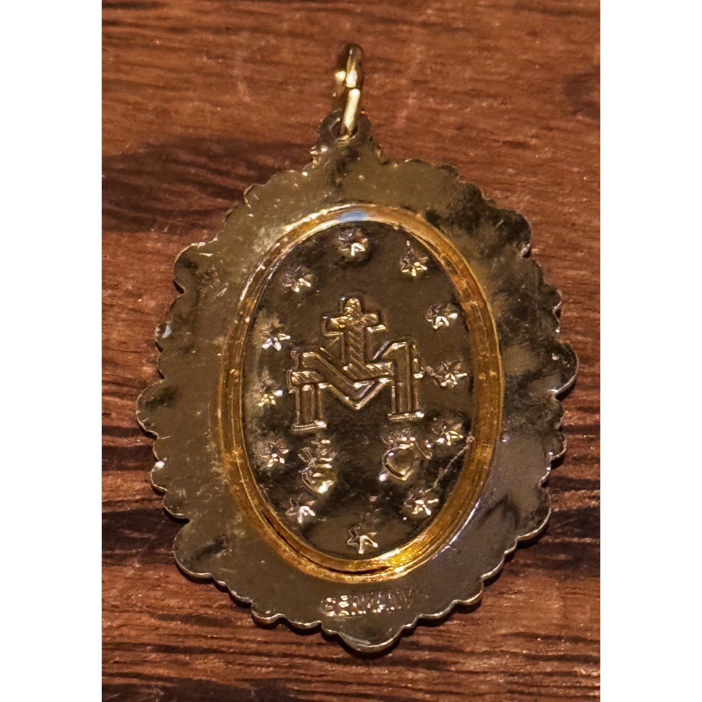 Vintage Germany Miraculous Medal Virgin Mary Gold Tone Blue Enamel Pendant
