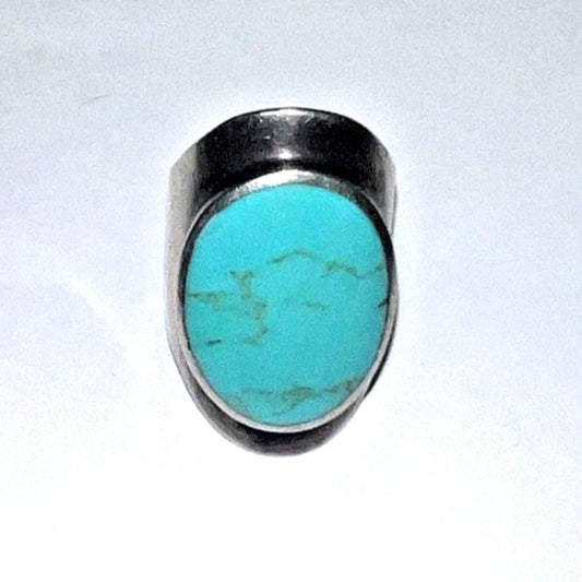 Vintage Sterling Silver Turquoise Ring Bold Oval Cabochon Southwestern Size 7