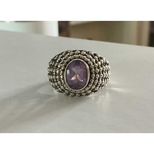 NF 925 Sterling Silver Amethyst Ring Marcasite Style Dome Ring Size 8 Vintage