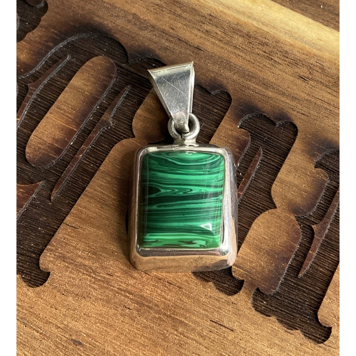 Sterling Silver Green Malachite Square Pendants .925 Modernist Statement Jewerly