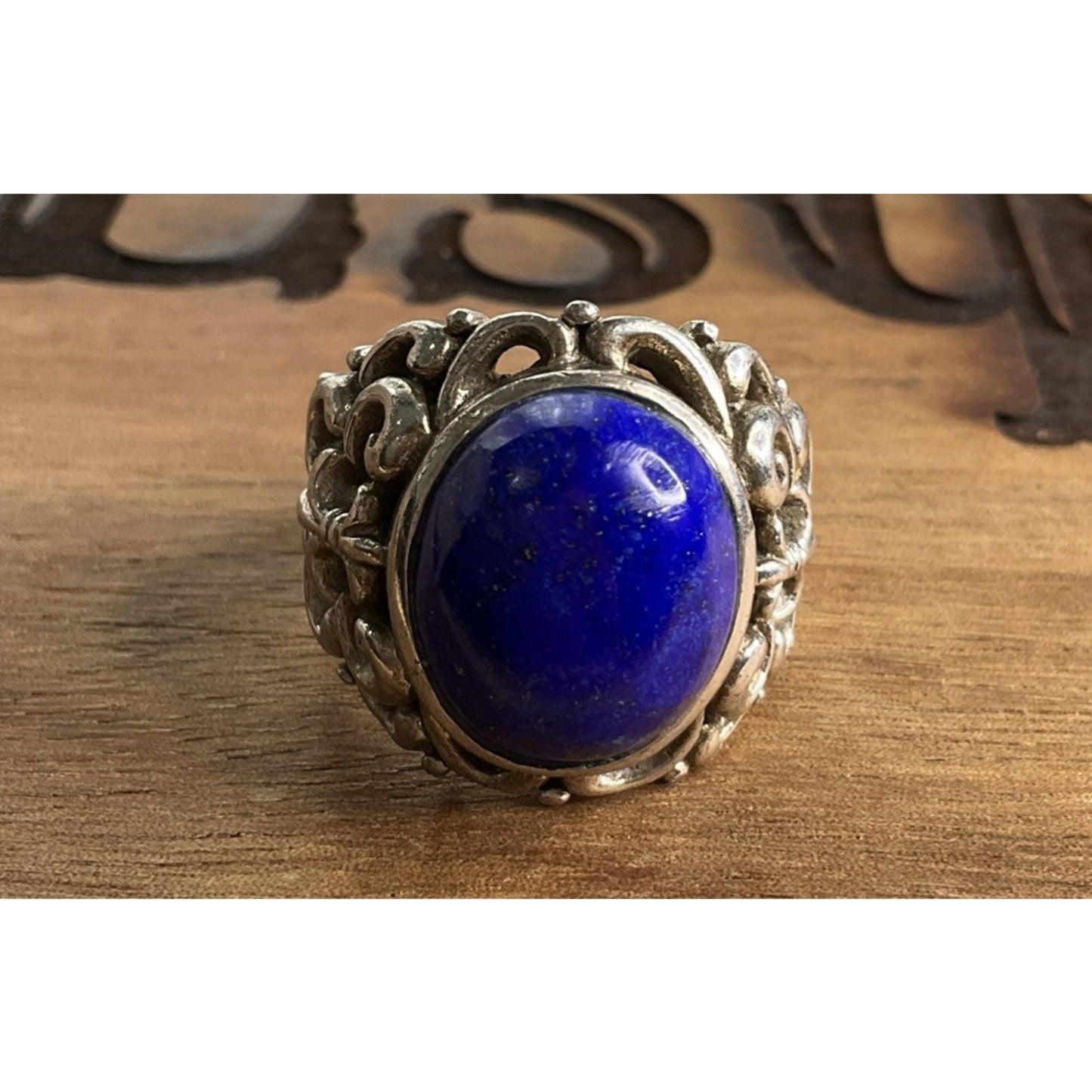 Vintage Lapis Lazuli Sterling Silver Ring Thailand J Filigree Statement Size 7.5