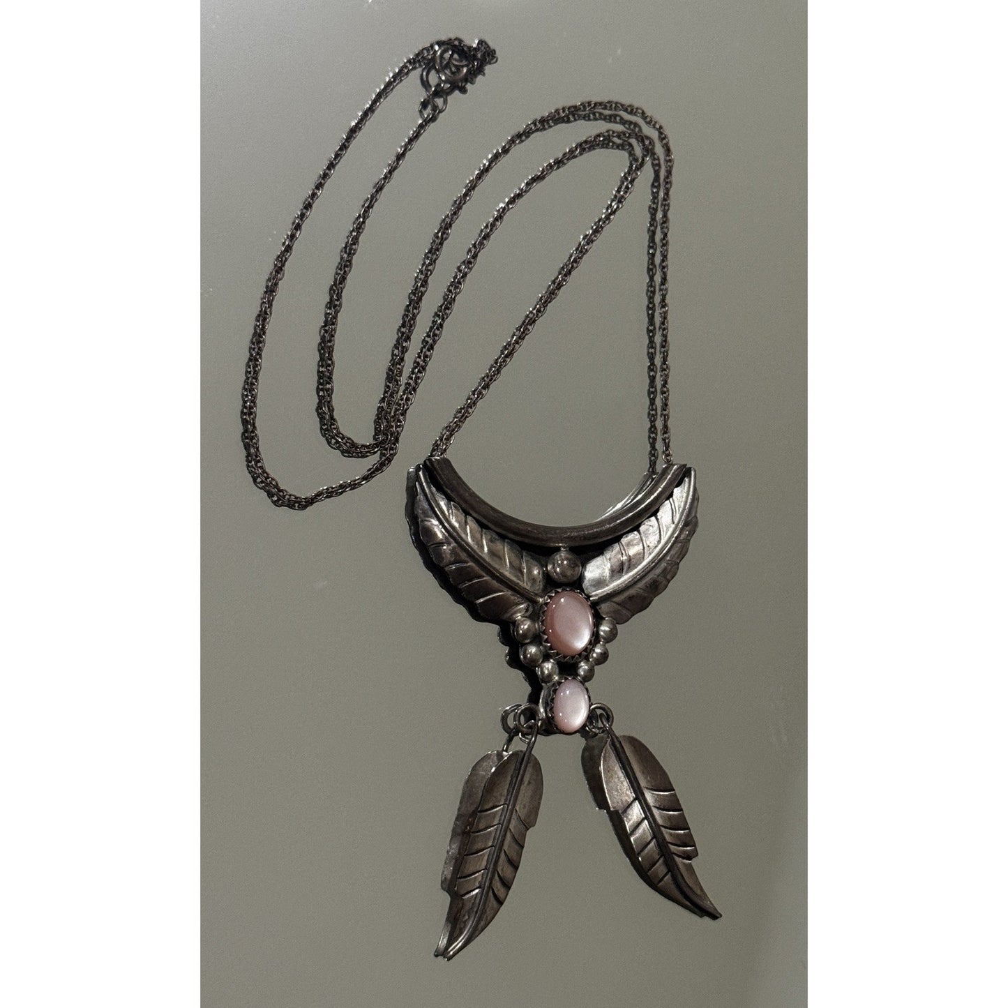 Vintage Navajo Sterling Silver Pink Conch Dangle Feather Necklace Signed S Cline