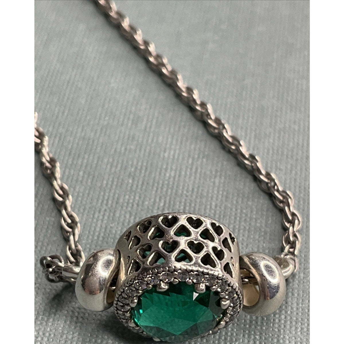 PANDORA ALE Sterling Silver Green Crystal Halo Slider Bracelet 6g