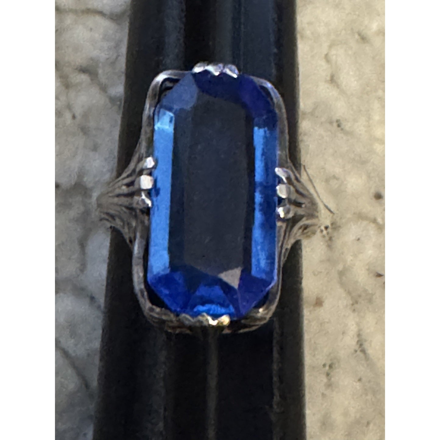 Vintage Sterling Silver Ring with Large Blue Glass Emerald Cut Stone Art Deco