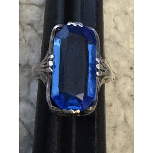 Vintage Sterling Silver Ring with Large Blue Glass Emerald Cut Stone Art Deco