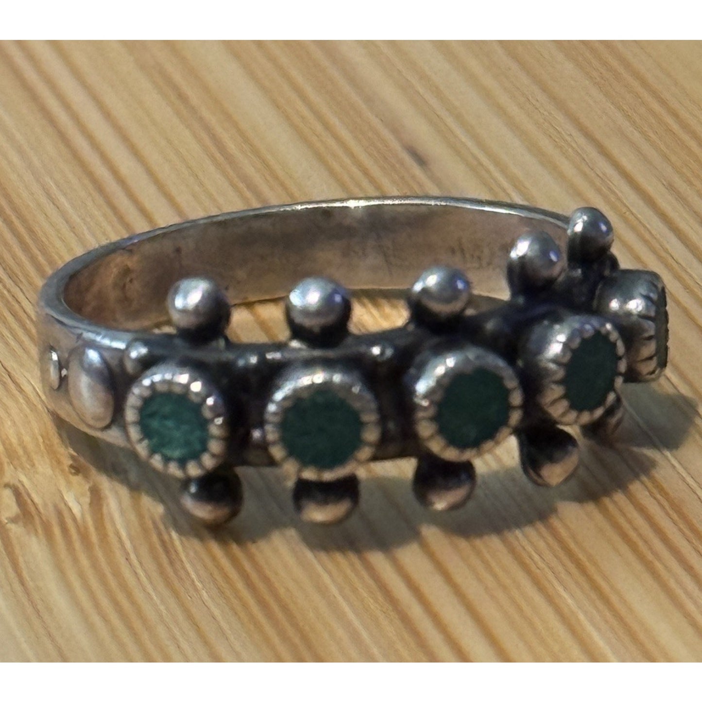 Vintage Sterling Navajo Sterling Green Turquoise Snake Eye Beaded 925 Ring Sz 6