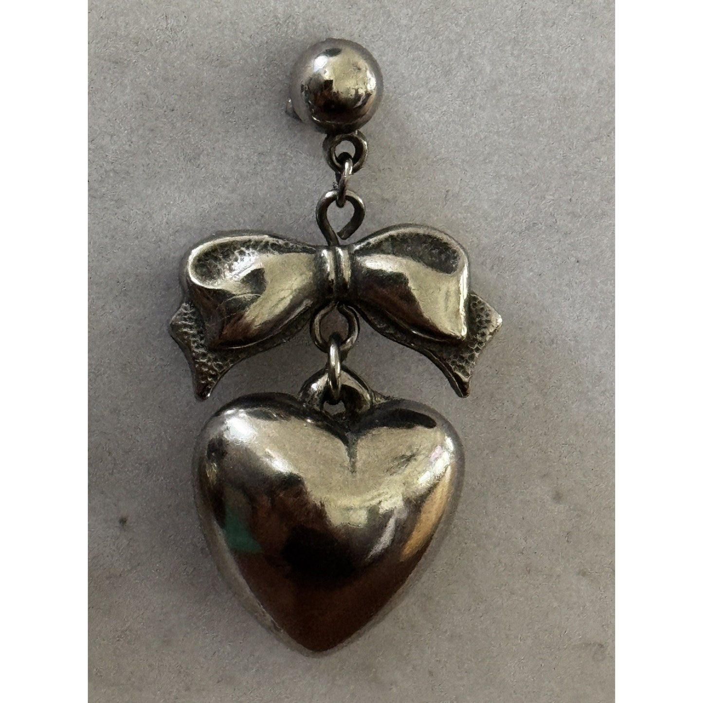 Vintage Sterling Silver 925 Bow Puffy Heart Dangle Earrings 1980s - 1990s