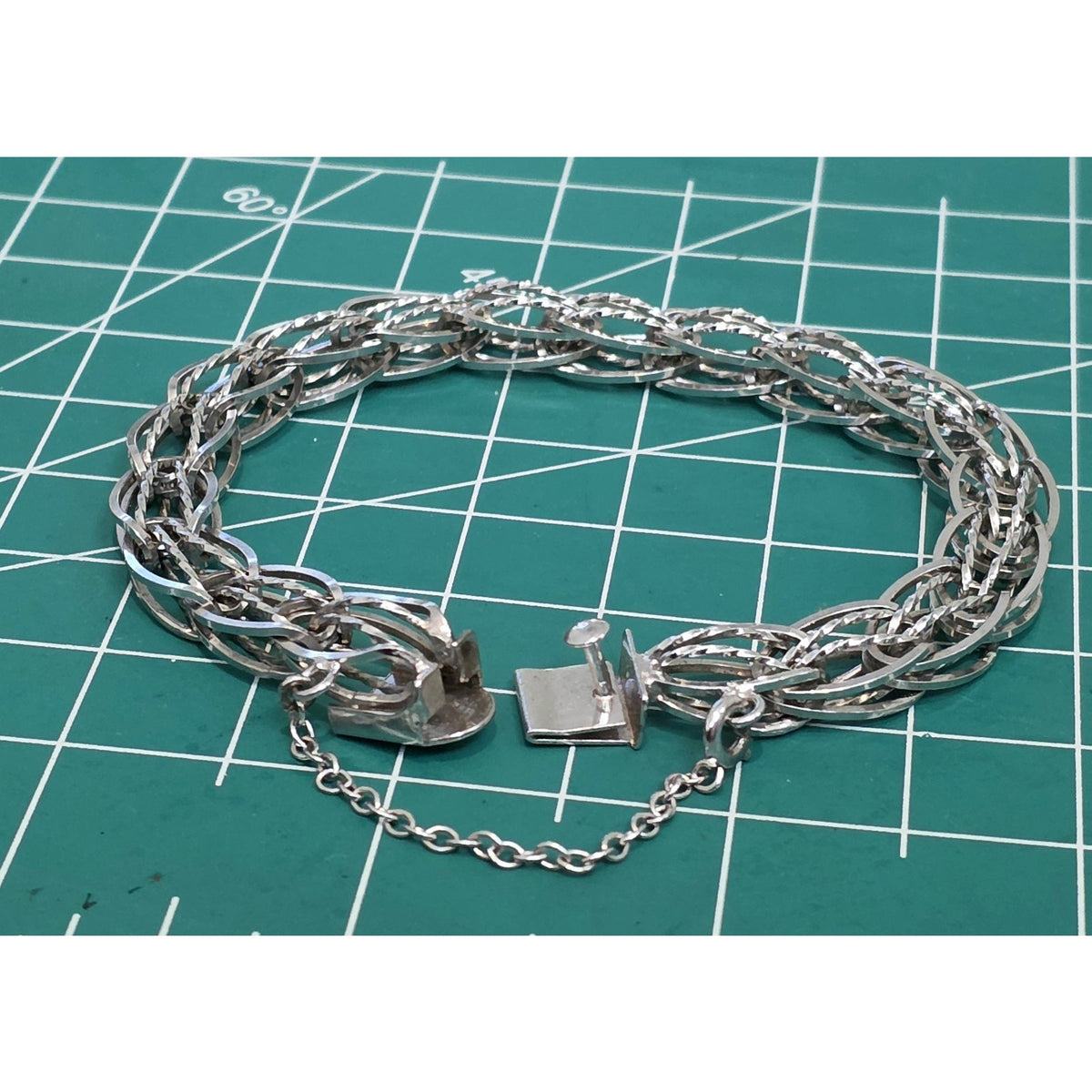 Vintage Silver Silver Braided Woven Oval Twisted Diamond Cut Link Bracelet 7.5”