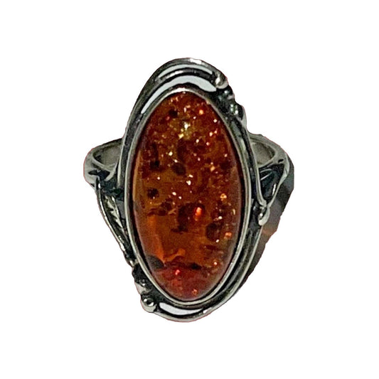 Vintage 925 Sterling Silver Baltic Amber Ring – Size 7 – Marquise Cabochon 4g