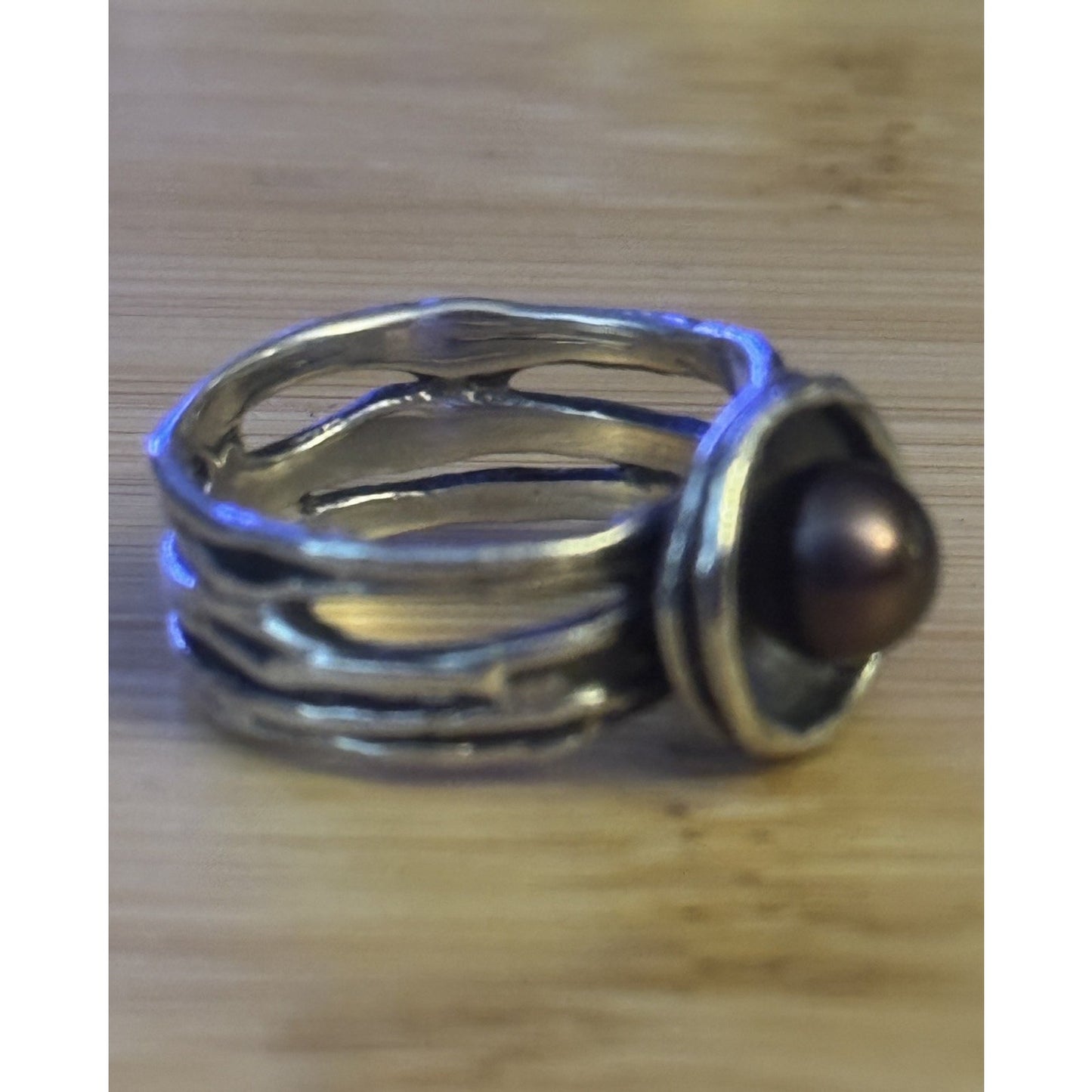 Vintage Genuine Dark Pearl Modernist Sterling Silver 925 Ring Size 8
