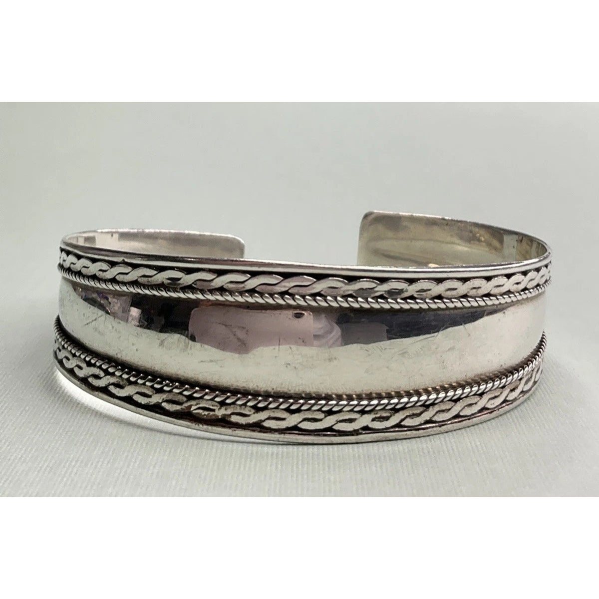 Vintage Sterling Silver Cuff Bracelet 14g Braided Rope Design Wide Open Bangle