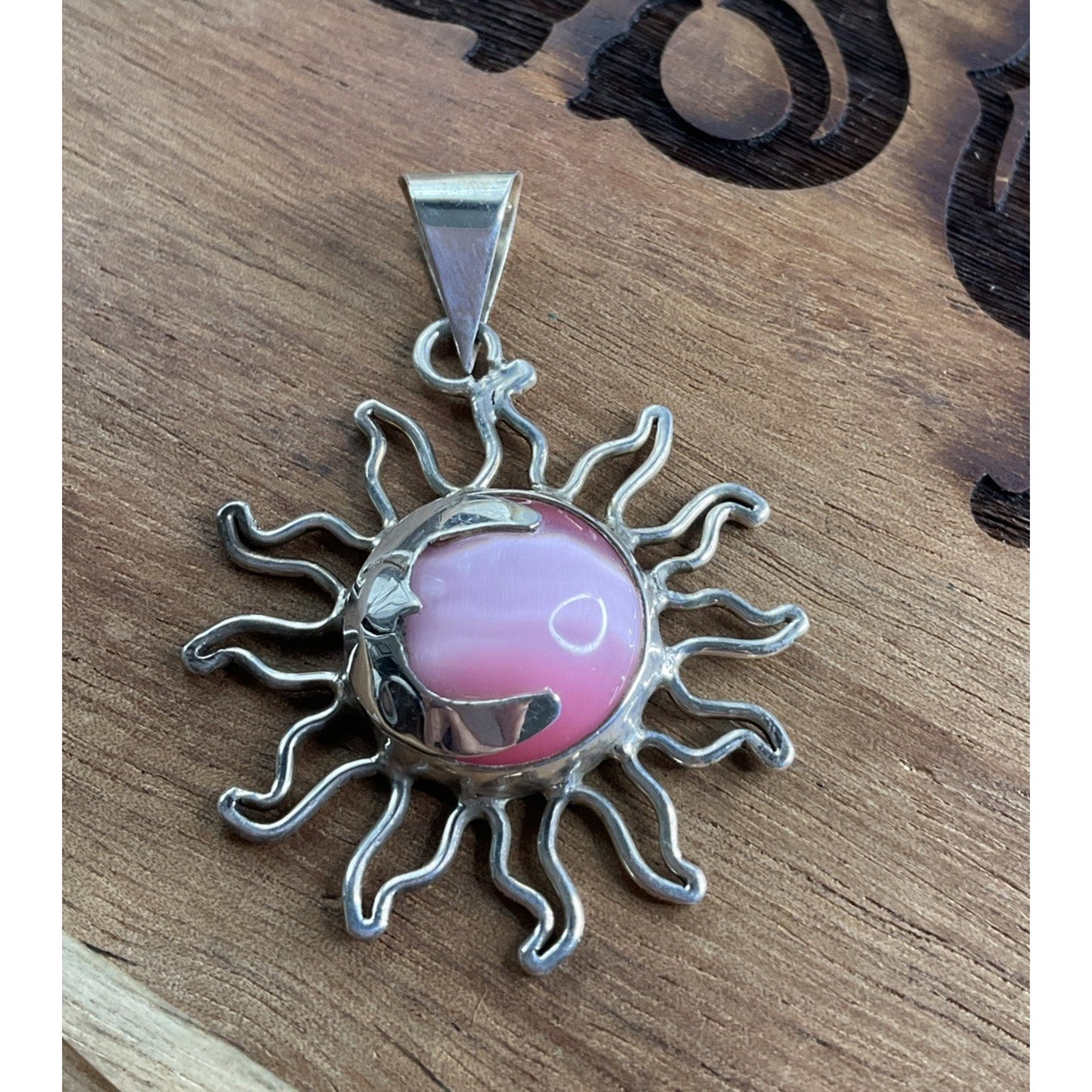 Vintage 925 Mexico Sterling Silver Sun Pendant Pink Cabochon