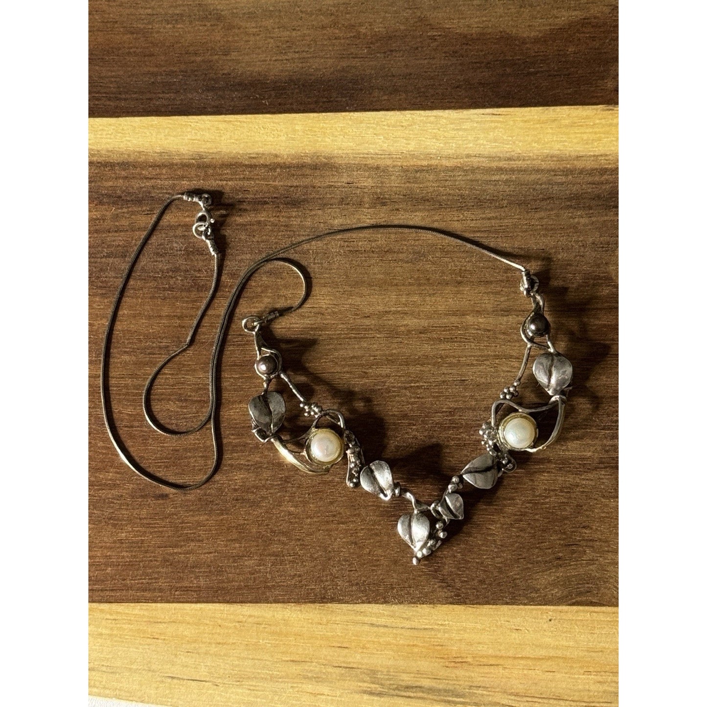 Vintage LAKI 14K & 925 Sterling Silver Pearl Necklace Botanical Leaf Vine 19”