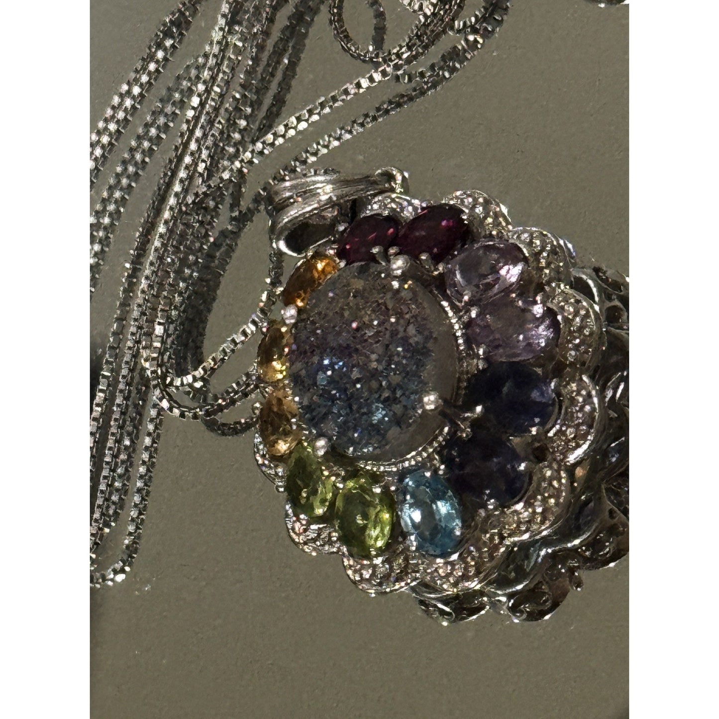 Vintage Victorian 925 Sterling Rainbow Gemstone Druzy Pendant Necklace 18”