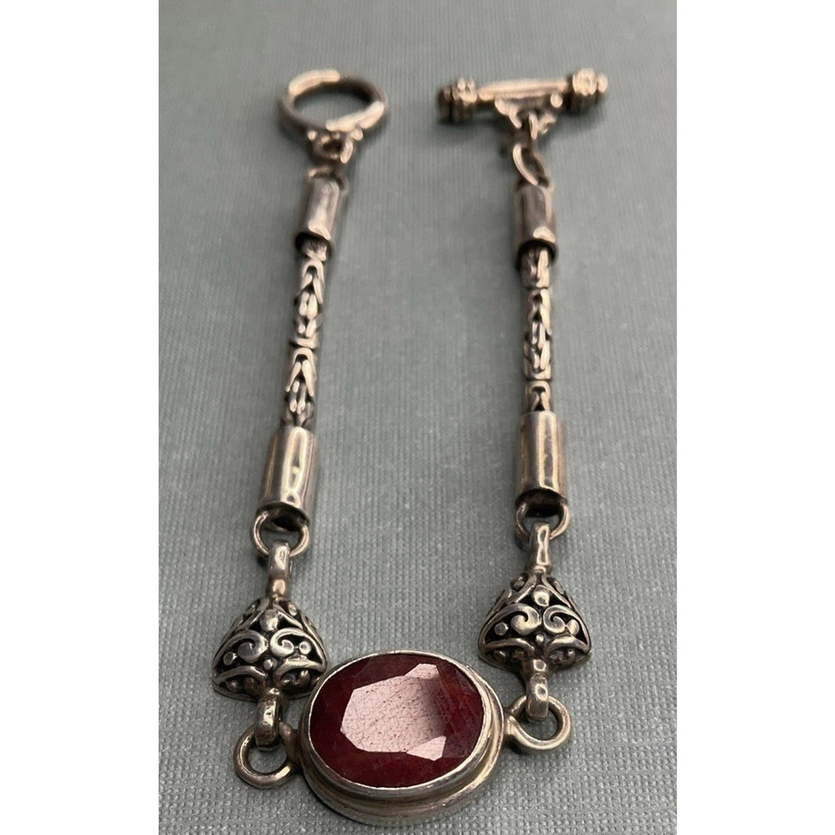 Vintage Sterling Silver Red Gemstone Bracelet Bali Style Toggle 19g