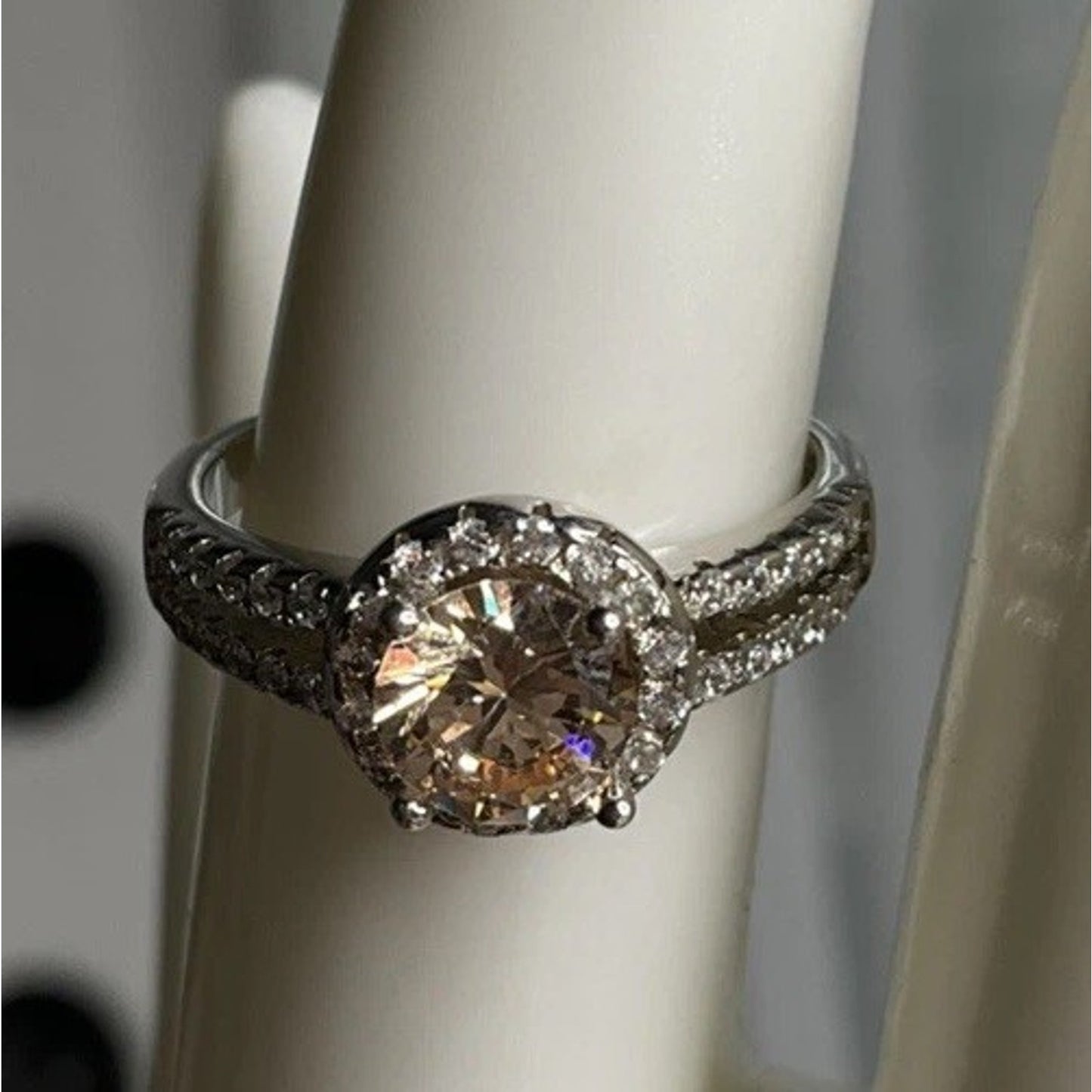 Sterling Silver Champagne CZ Halo Engagement Ring Size 7.5 Round Bridal