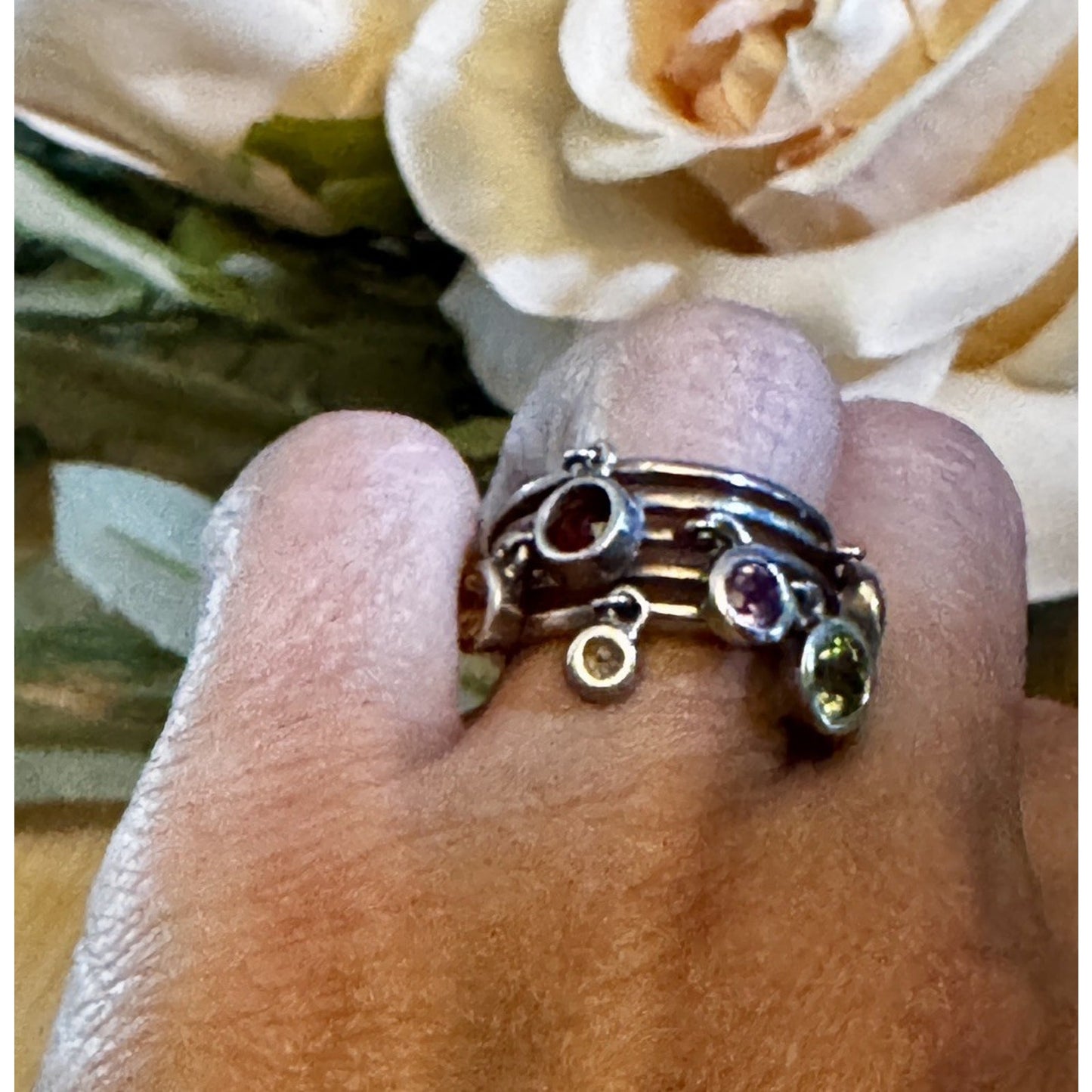 Vintage 90s Thai Sterling Silver Gemstone Dangle Ring Sz 8 Peridot Topaz Citrine
