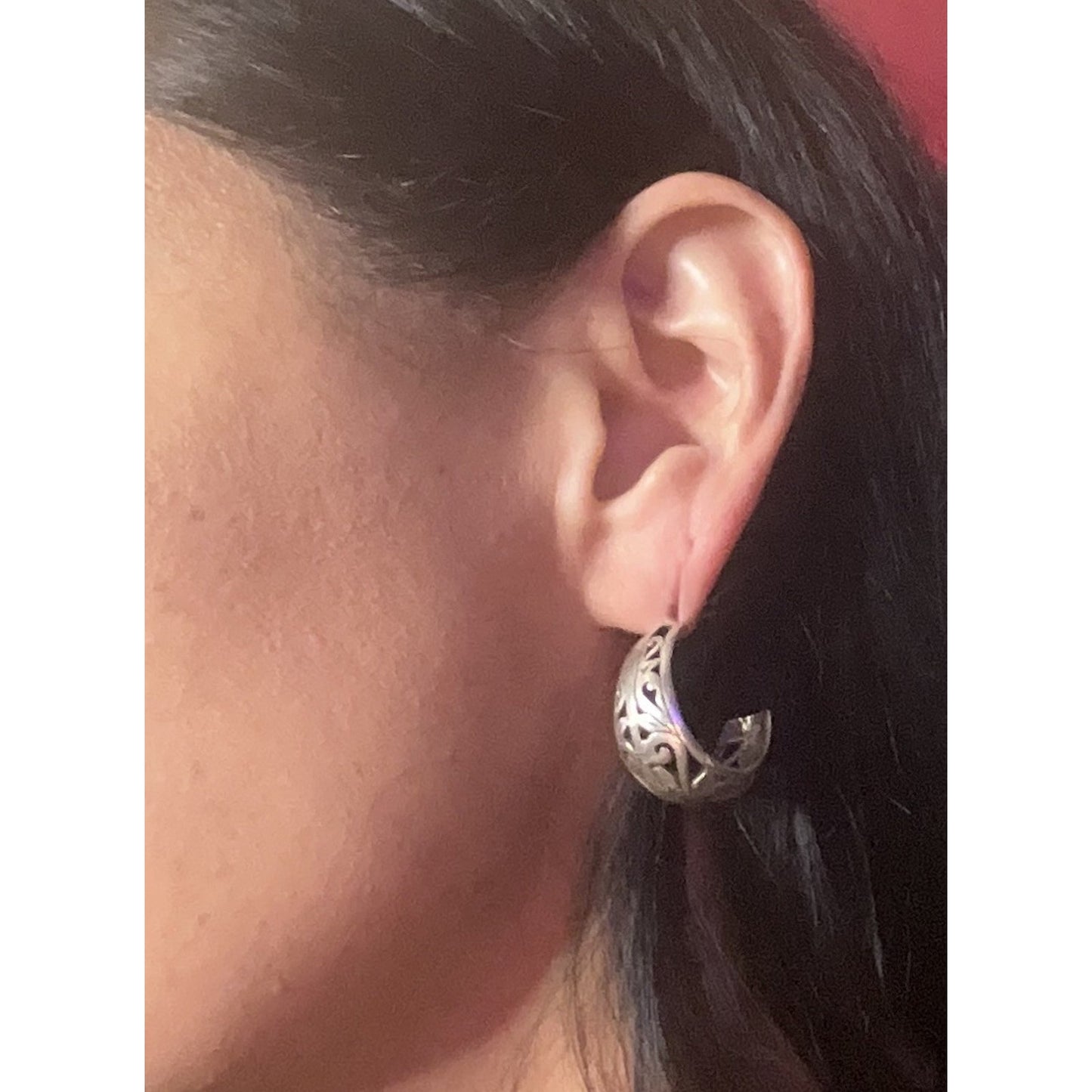 Vintage Sterling Silver Carved Scroll Hoop Earrings 1” Wide Oxidized 8g