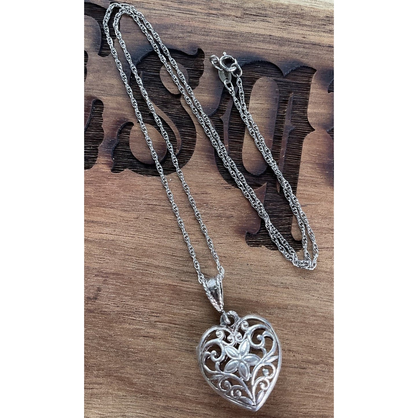 Sterling Silver Filigree Heart Pendant Necklace 925 Floral Scroll