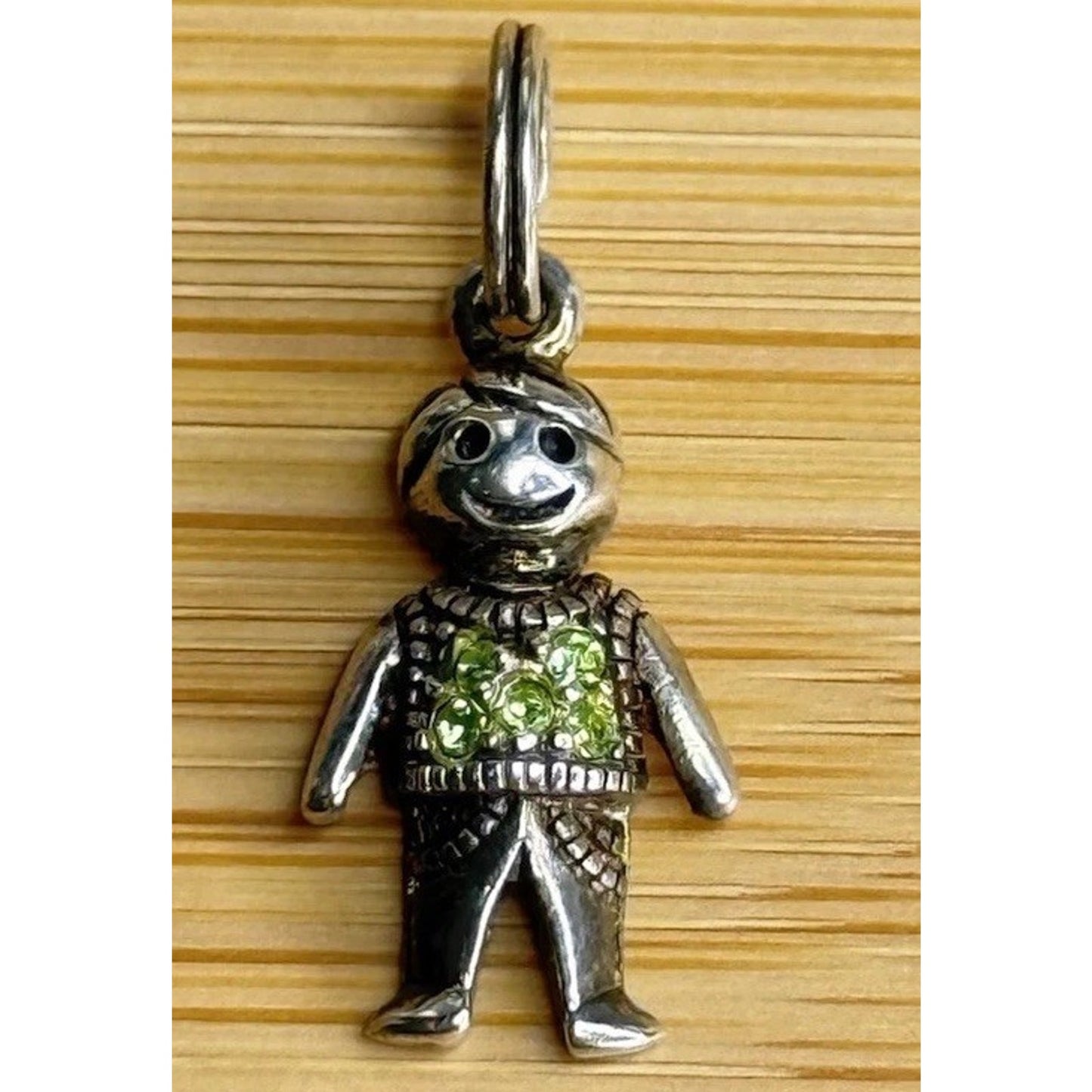 Vintage Sterling Silver Little Boy W/ August Green Rhinestone Birthstones Charm