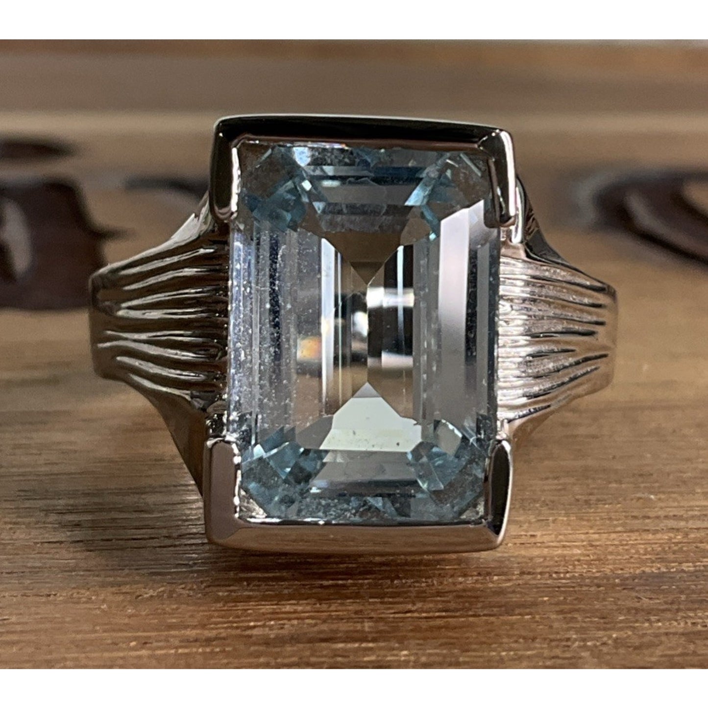 Vintage Sterling Silver Emerald Cut Blue Topaz Ring Statement Gemstone Sz 12.5