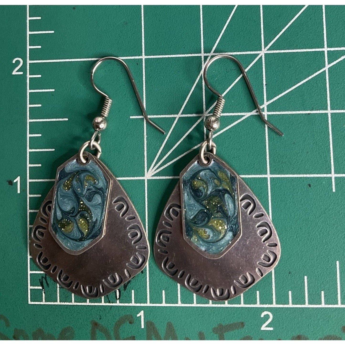Vintage Sterling Silver Blue Enamel Mixed Metal Dangle 925 Earrings Signed NF