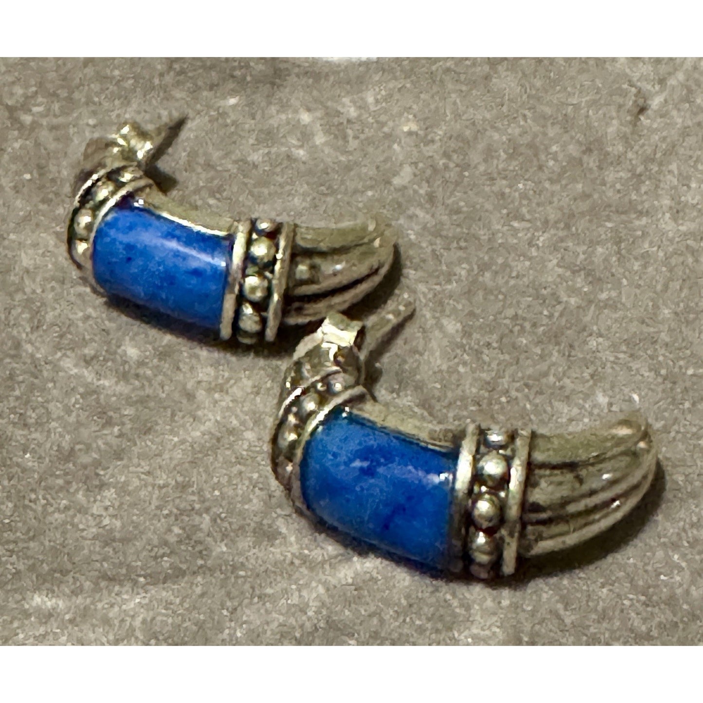 925 Thailand Sterling Silver Lapis Half Hoop Earrings Barrel Beaded Design
