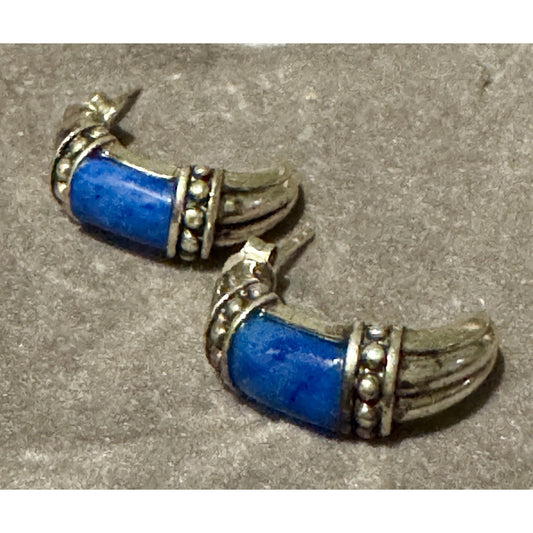 925 Thailand Sterling Silver Lapis Half Hoop Earrings Barrel Beaded Design