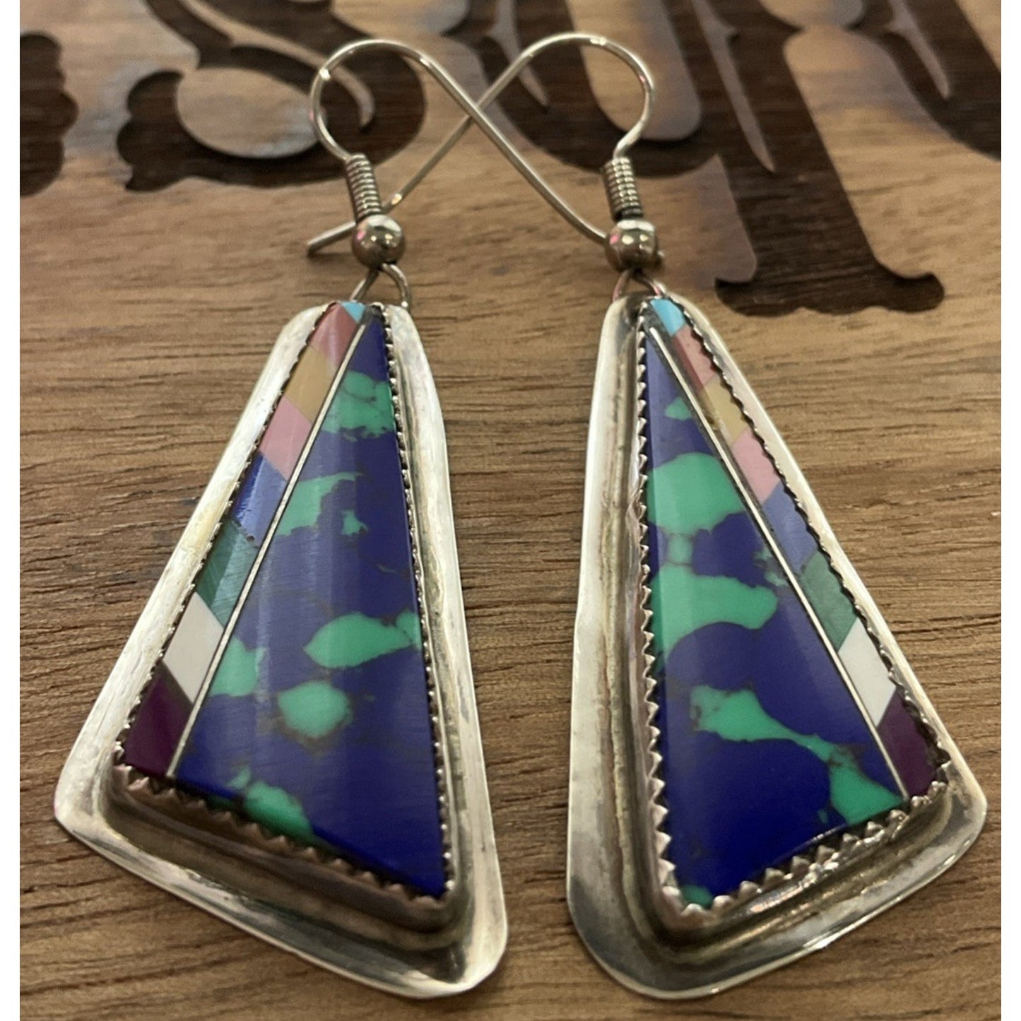 Southwest Sterling Silver Colorful Inlay Triangle Earrings