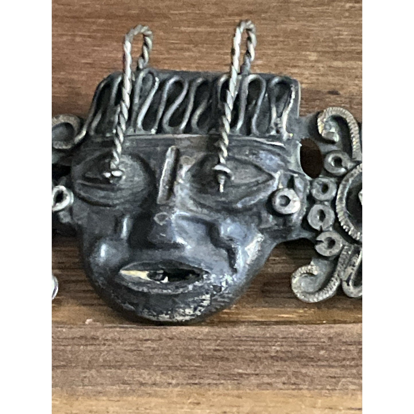 Vintage Mexican Sterling Silver & Turquoise Mask Brooch Silver Aztec Motif 26 gr