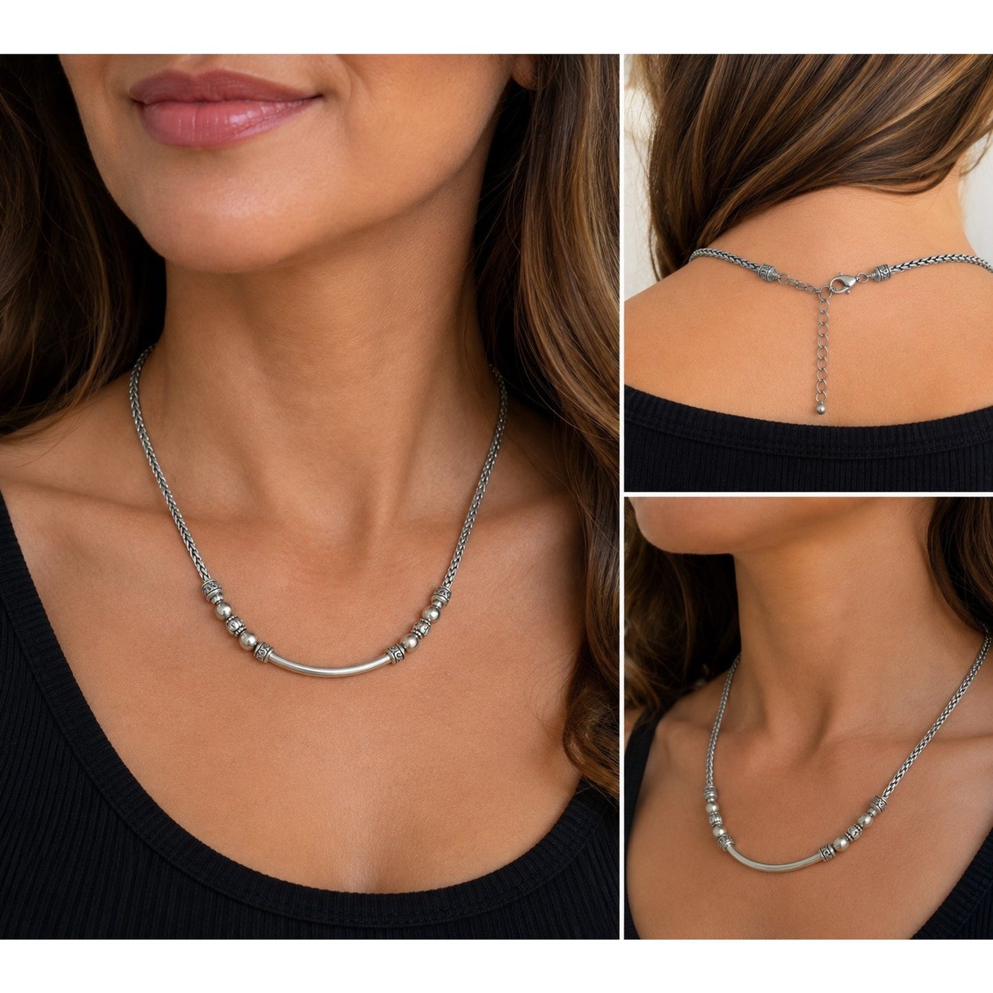 Vintage Brighton Silver Plated Curved Bar Bead Woven Chain Necklace 21” Adjustab