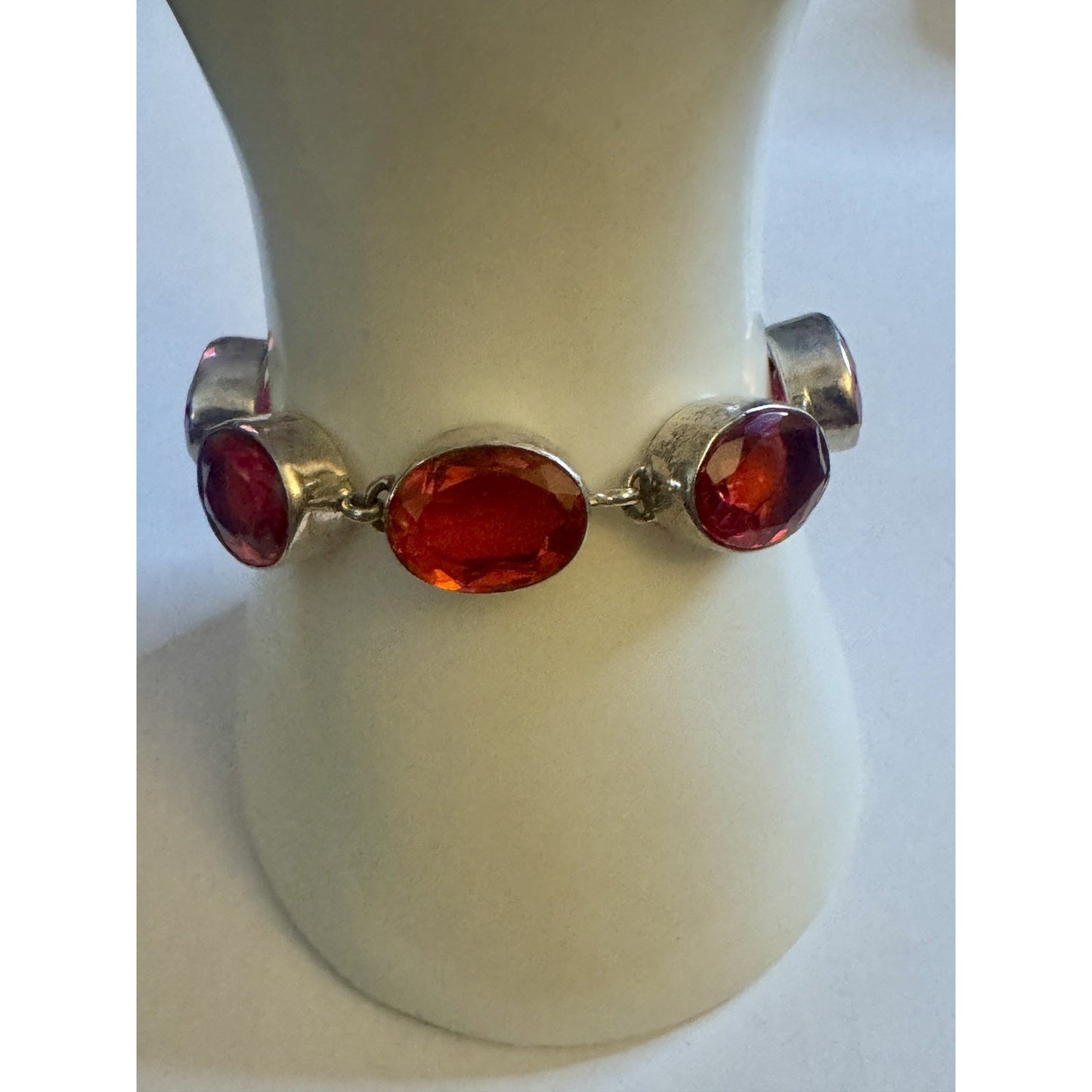 Sterling Silver 925 Orange Red Faceted Quartz Bracelet 30.5g Adjustable Toggle