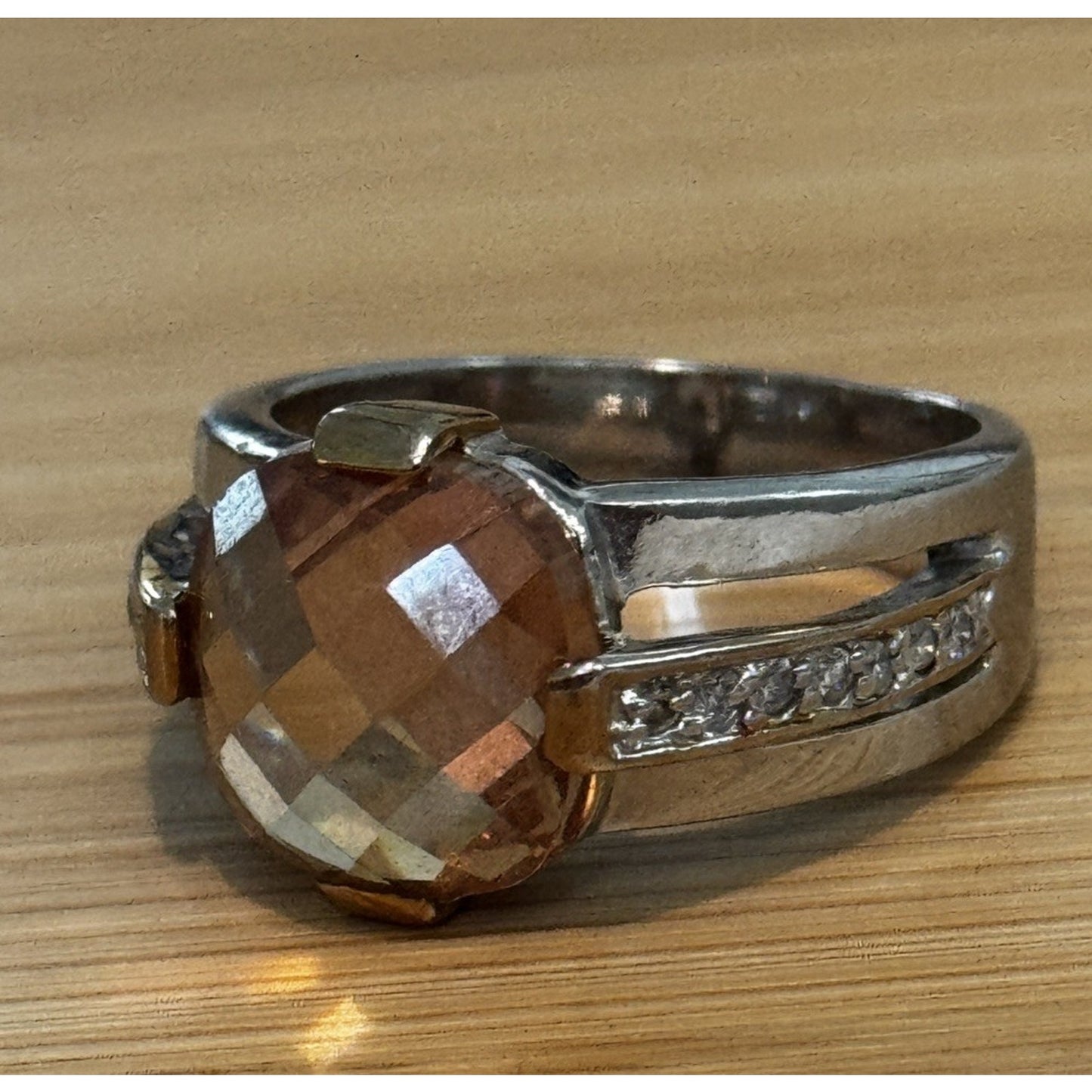 Vintage 925 Sterling Silver Champagne Quartz Statement Cocktail Ring Size 9.5