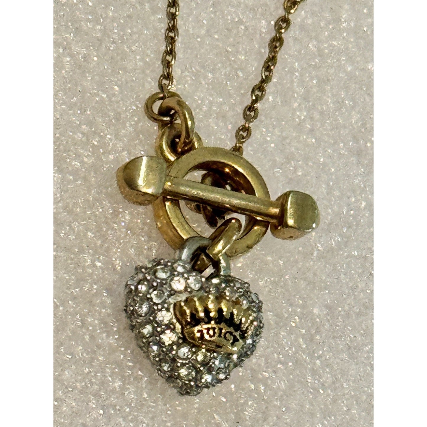 Vintage Juicy Couture Gold Tone Pavé Crystal Crown Heart Toggle 16” Necklace Y2K