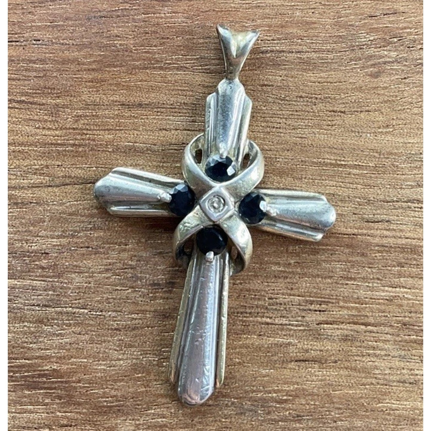 Vintage Sterling Silver Cross Pendant Black Stones W/God All Things Are Possible