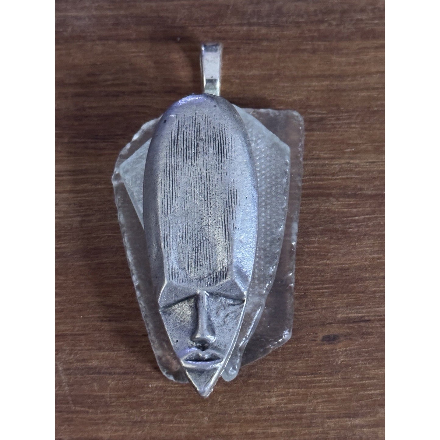 Artisan Sterling Silver 925 Tribal Mask Pendant on Thick Clear Glass Base 23.9g