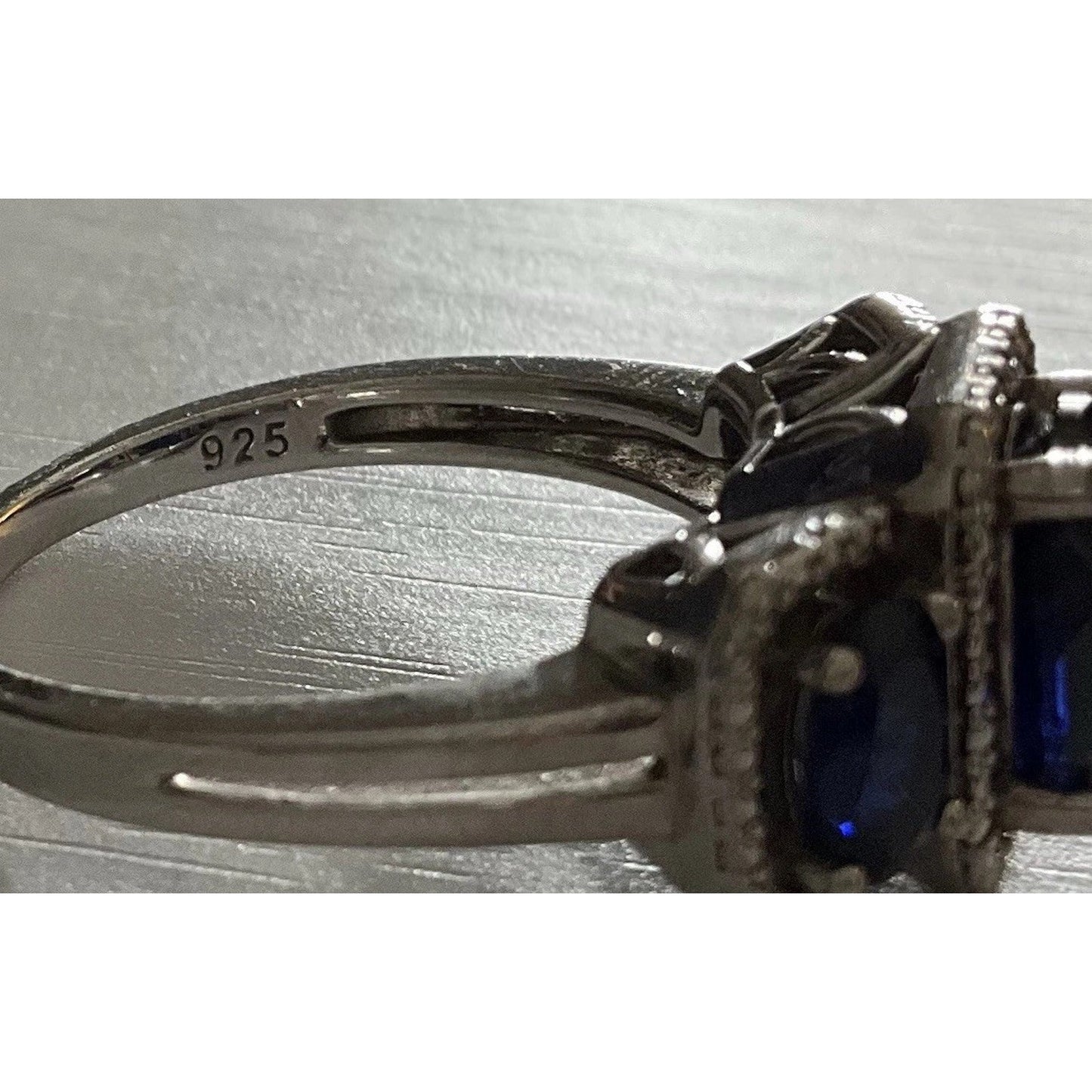SAI Sterling Silver Blue Sapphire Blue 3 Stone Ring 925 Milgrain Setting Size 8