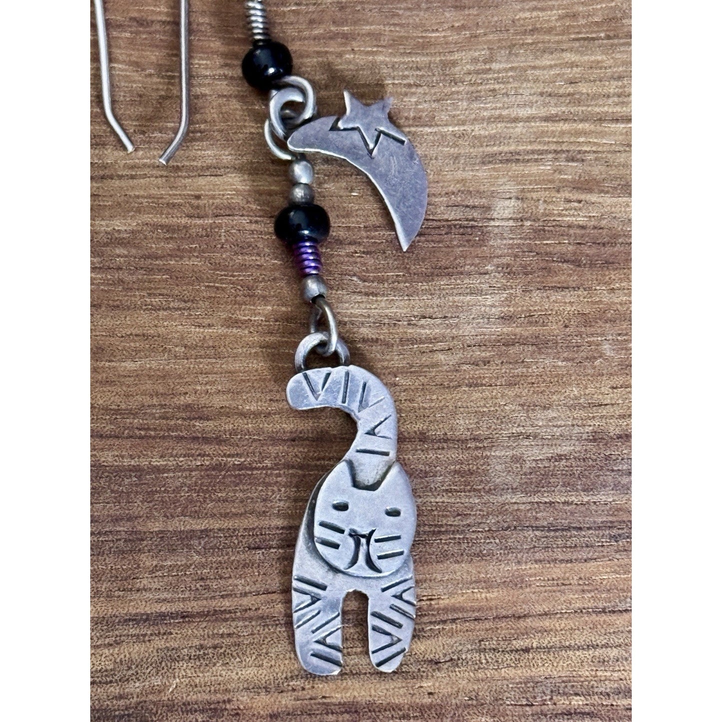 Vintage Far Fetched Sterling Silver Cat Moon Dangle Earrings Black Onyx Artisan