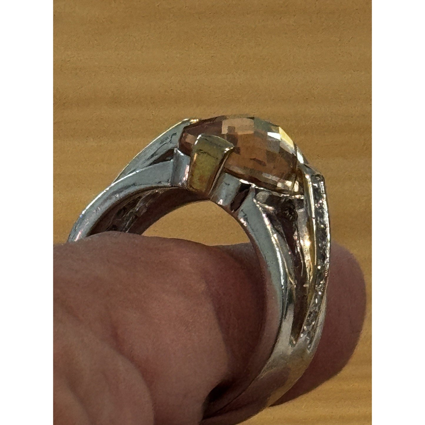 Vintage 925 Sterling Silver Champagne Quartz Statement Cocktail Ring Size 9.5