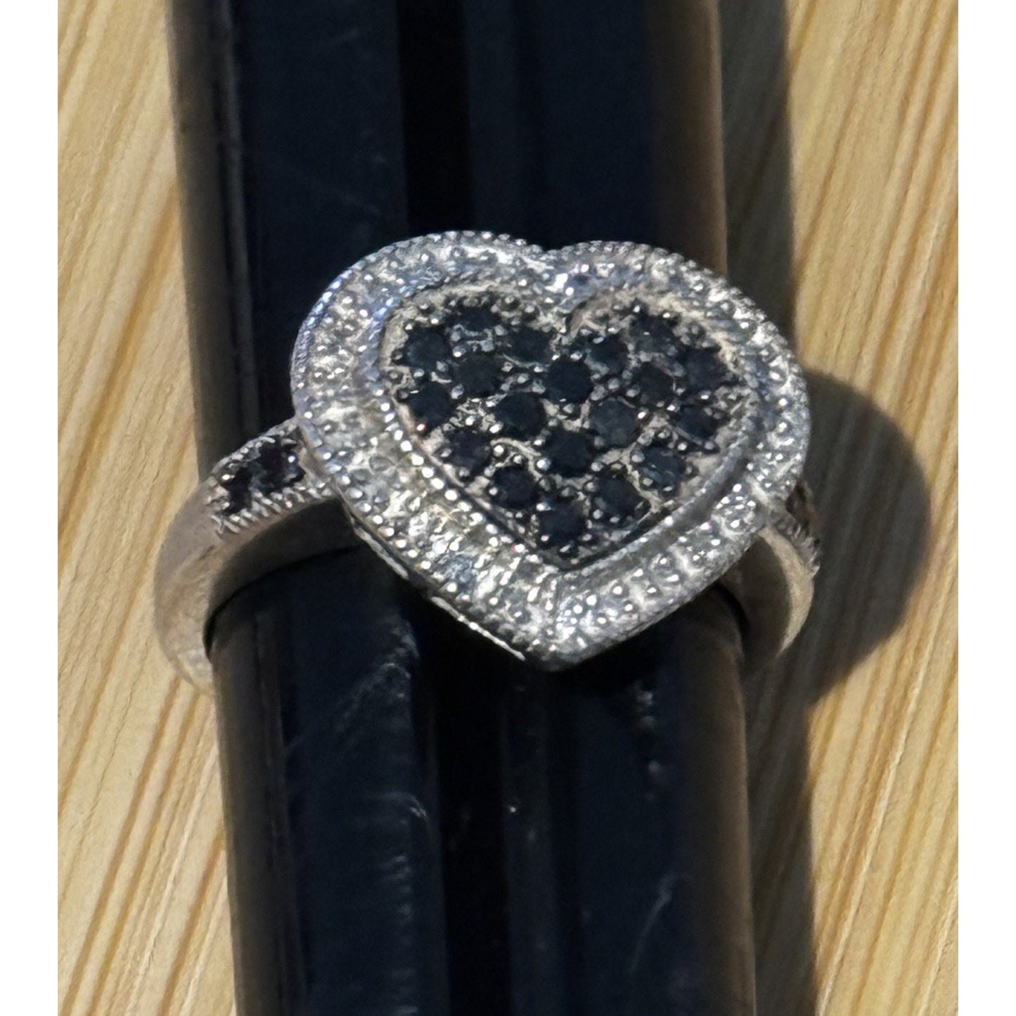 Vintage Sterling Silver Black and White Moissanite Heart Cluster Ring Size 7.5