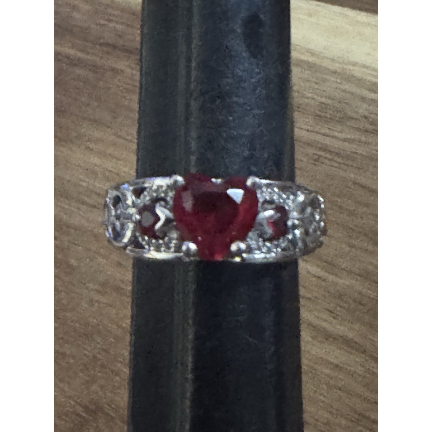 Sterling Silver Lab Created Red Heart Gemstone Ring 925 Filigree Size 8.5, 5.5g