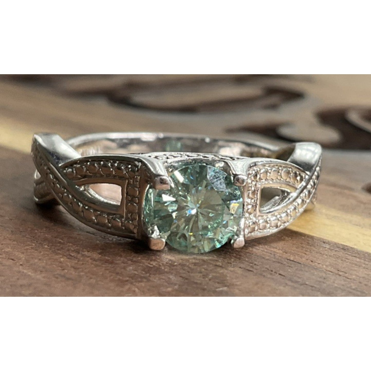 Vintage Sterling Silver Green Moissanite 925 Ring Size 9 Engagement Love Gift