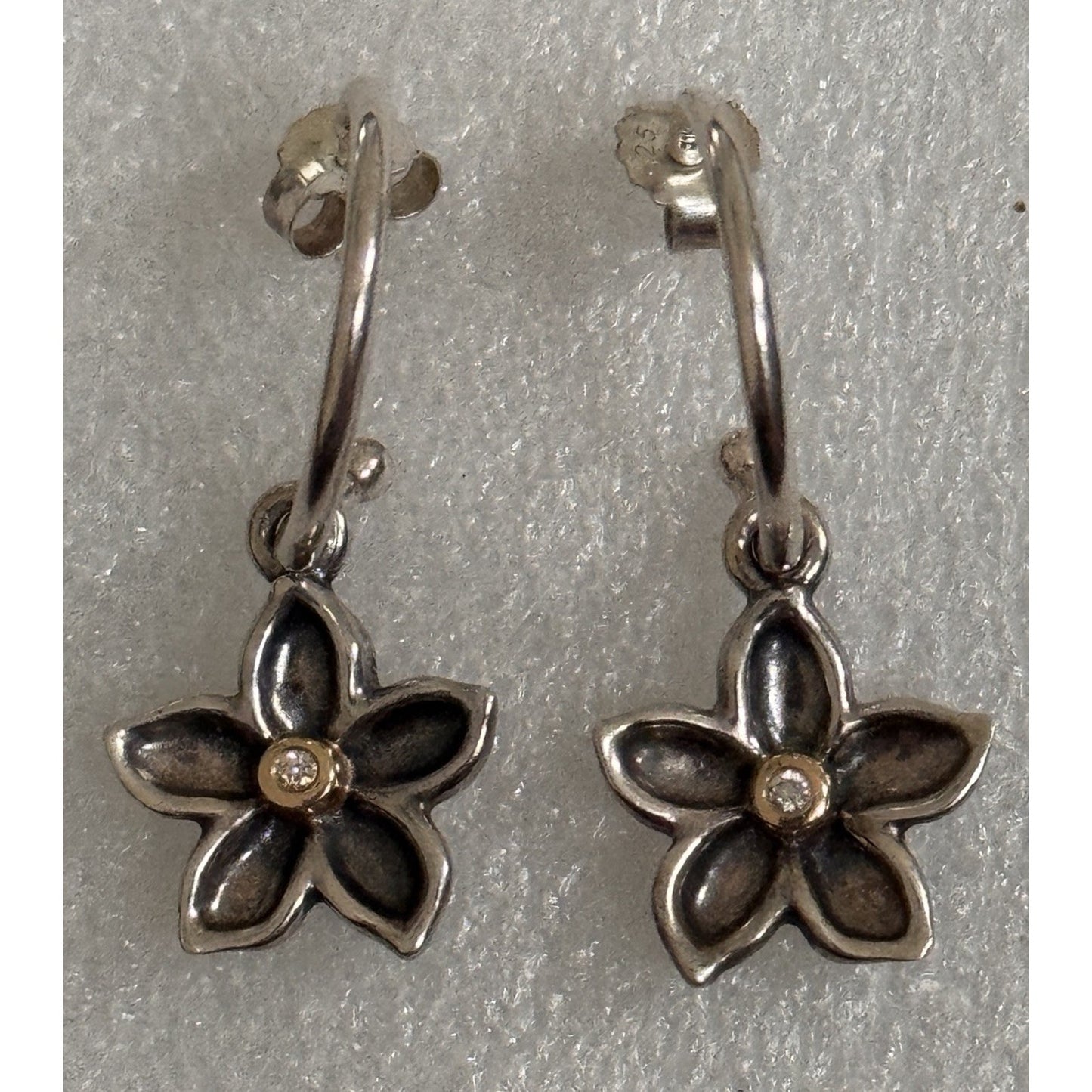 Retired Pandora Sterling And Gold Diamond Flower Changeable Earrings